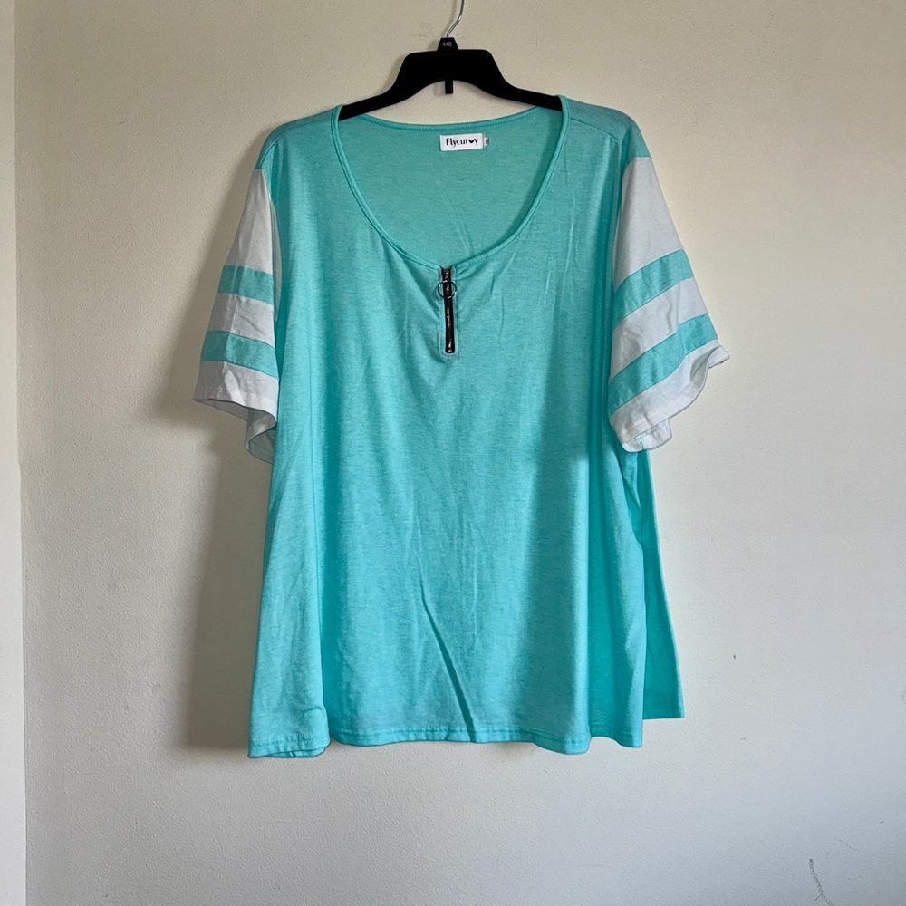 Womens Plus Teal and White Striped Sleeve Top